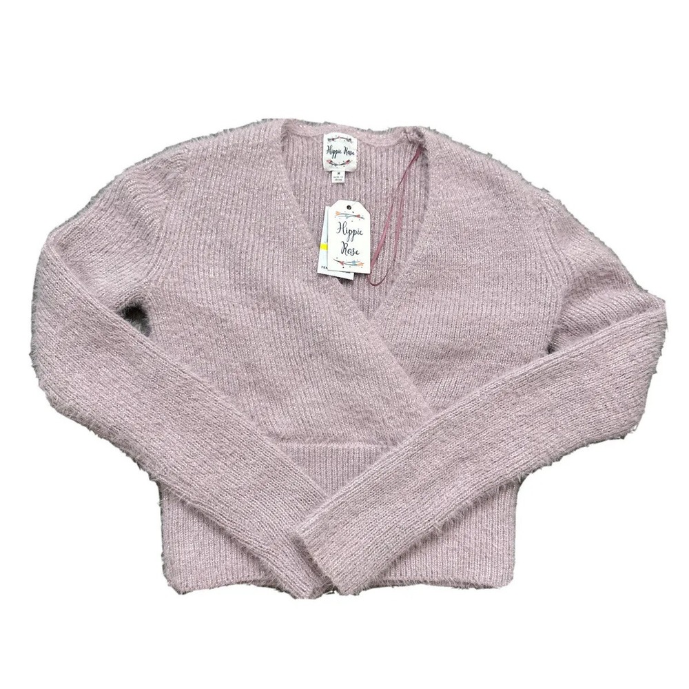 Hippie Rose Women's Juniors V Neck Pink Sweater Cropped Size M, Silver Glitter